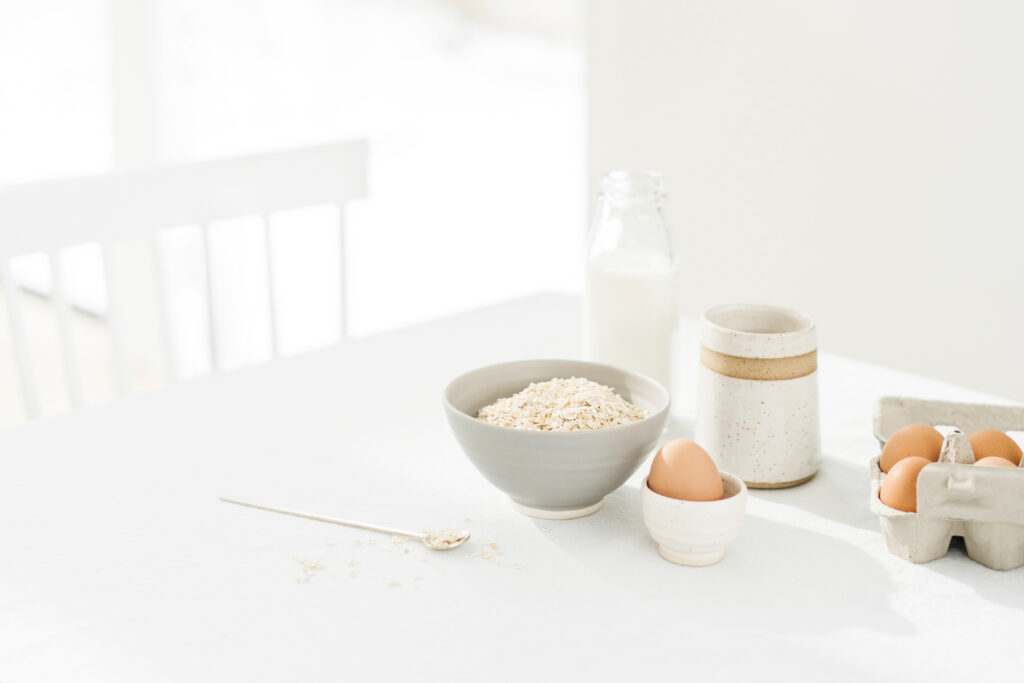 oatmeal, oat milk, eggs