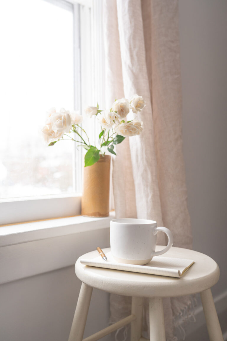 flower on window sill, mug on stool