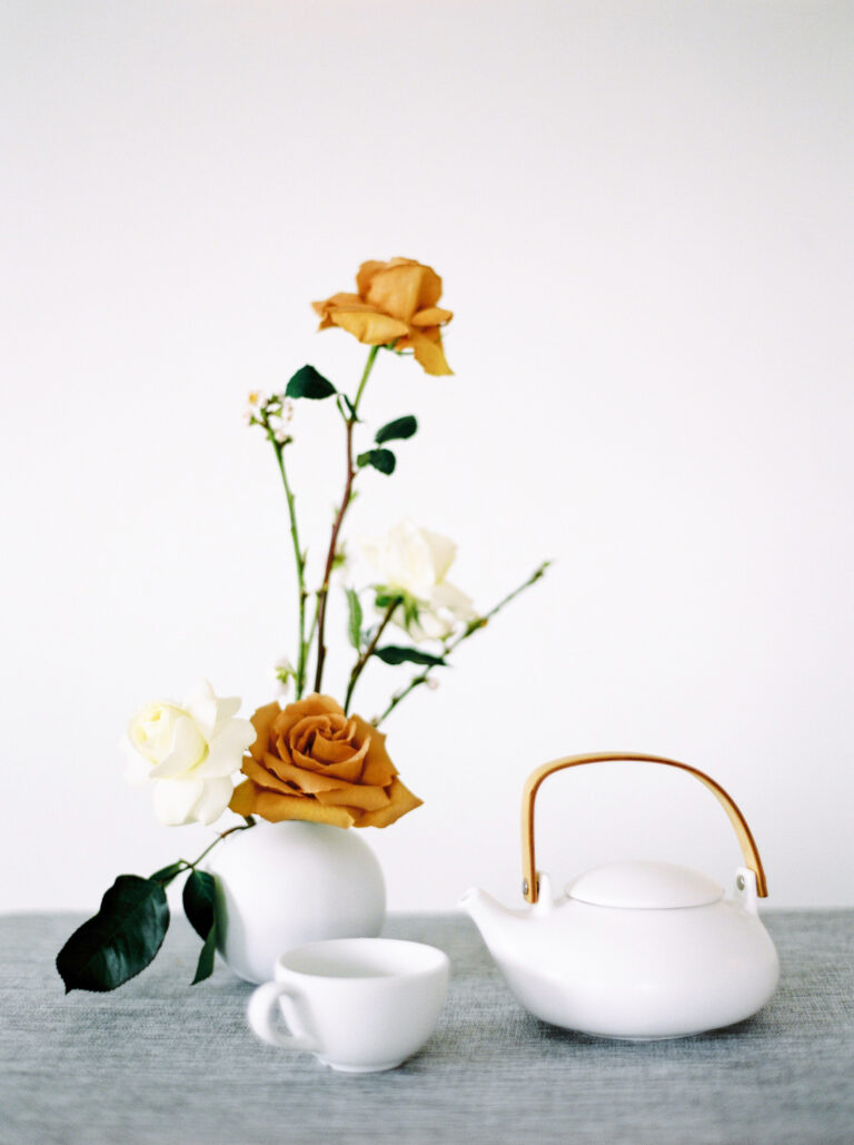 tea pot, tea cup and flowers