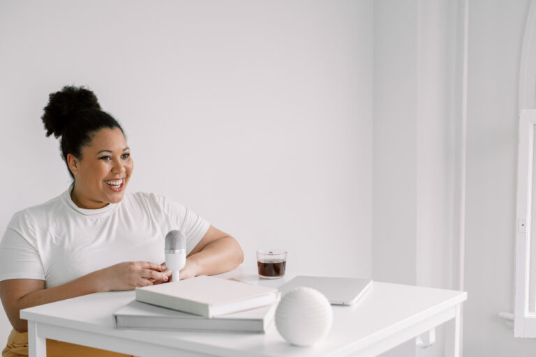 woman talking in a microphone